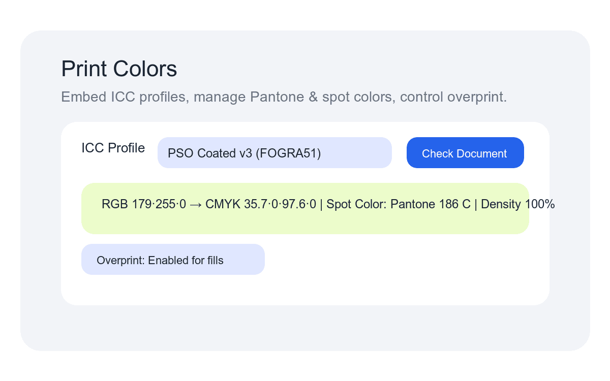 PrintX print colours tab with ICC profile controls